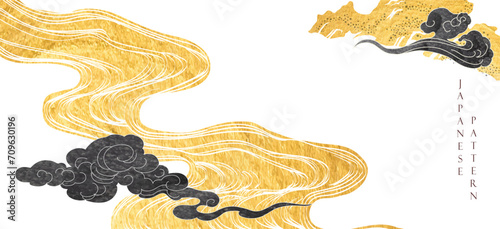 Japanese background with hand drawn wave black and gold texture vector. Hand drawn wave chinese cloud decorations in vintage style. Art abstract banner design. 