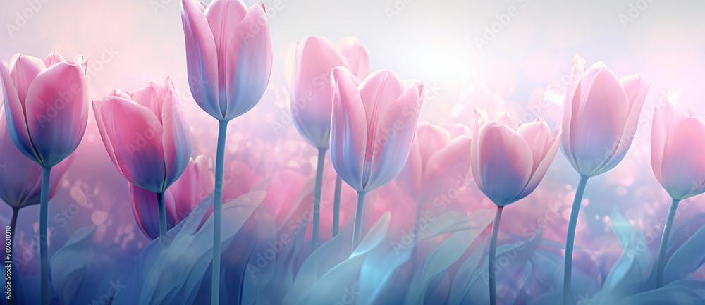 Tulips in pink with purple outlines, in the style of double exposure, light gray and light amber, high-key lighting, chinese new year festivities, shaped canvas, selective focus, light sky-blue and li - obrazy, fototapety, plakaty 