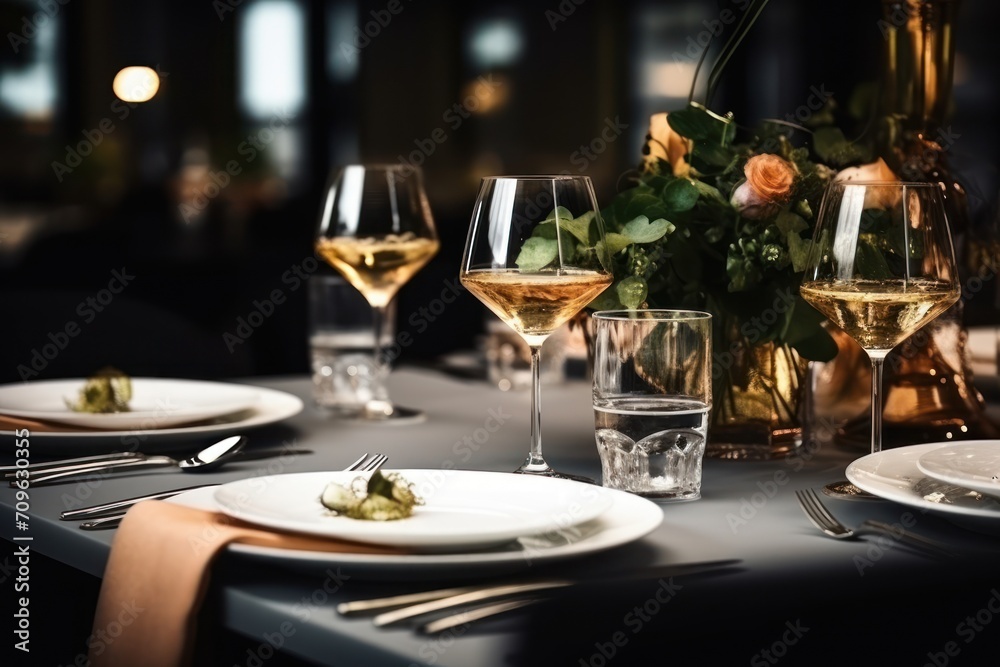 a table is set with glasses of wine and plates and utensils and a vase with flowers in it. a table is set with glasses of wine and plates and utensils and a vase with flowers in it.