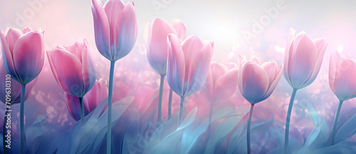 Tulips in pink with purple outlines  in the style of double exposure  light gray and light amber  high-key lighting  chinese new year festivities  shaped canvas  selective focus  light sky-blue and li