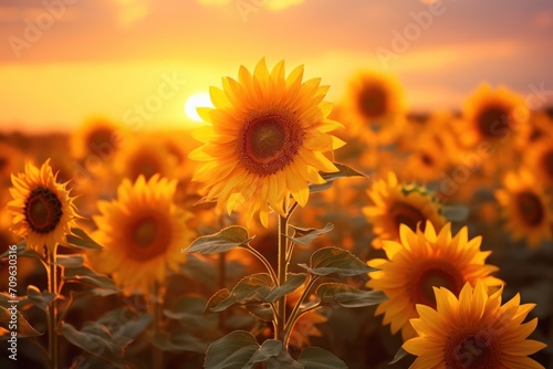  a large field of sunflowers with the sun setting in the distance in the middle of a field of sunflowers.