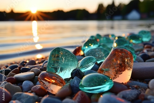  a group of glass bottles sitting on top of a pile of rocks next to a body of water with a setting sun in the background.