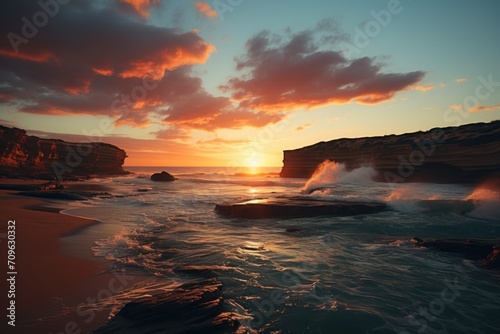  the sun is setting over the ocean with waves crashing in front of a rocky cliff and a body of water in the foreground.