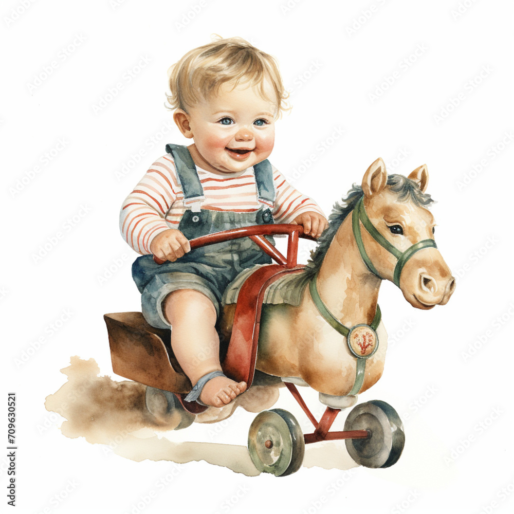 Watercolor Illustration of Child on Wheeled Horse Toy