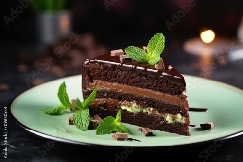  a piece of chocolate cake on a plate with mint leaves on the edge of the plate and a candle in the background.