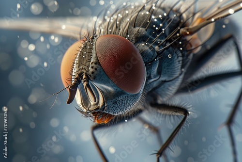 A detailed close-up image of a fly covered in water droplets. This image captures the intricate details of the fly's body and the glistening droplets on its surface.