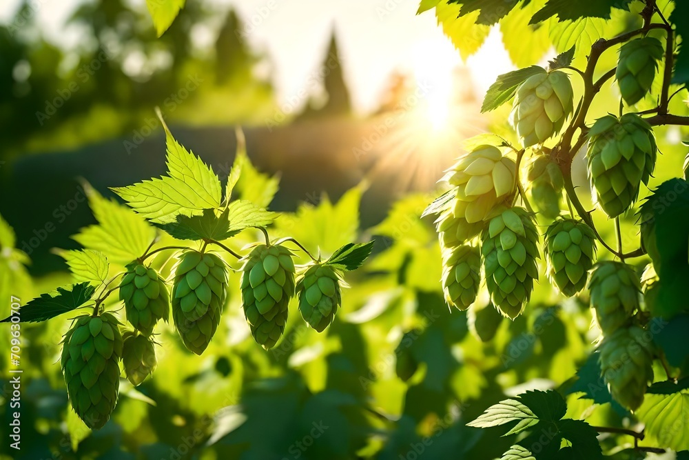 Hop plant close up growing on a Hop farm. Fresh and Ripe Hops ready for ...