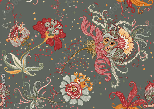 Fantasy, alien hypnotic flowers, decorative flowers and leaves. Cartoon style. Millefleurs trendy floral design. Seamless pattern, background. Outline hand drawing vector illustration.