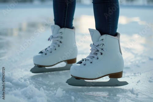 A pair of white ice skates resting on a snowy surface. Perfect for winter sports or holiday-themed designs
