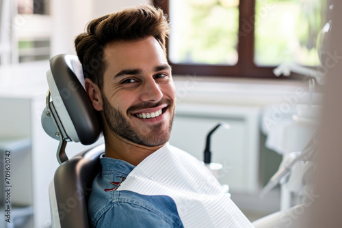 Relaxed Man Receives Dental Care, Comfortable In An Orthodontic Chair photo