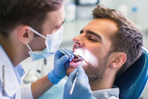 Confident Man Receives Dental Care  Relaxing In Orthodontic Chair