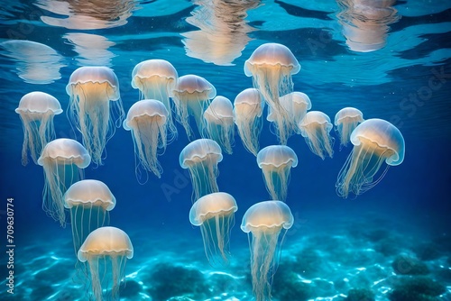 jellyfish in aquarium, Moon jellyfish over blue water Aurelia Aurita