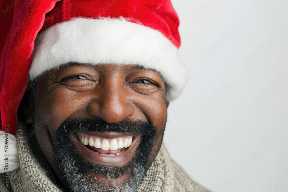 Joyful African American Man Wearing Red Santa Cap, Captured In Closeup On White Background Joyful African American Man Wearing Red Santa Cap, Captured In Closeup On White Background