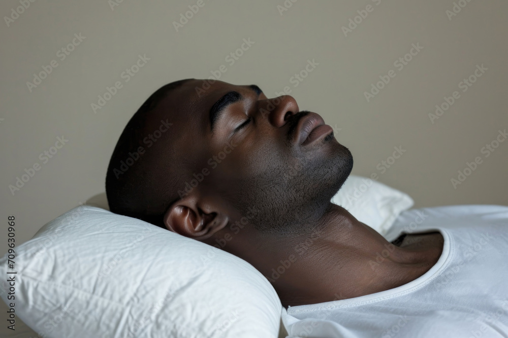 Peaceful Man Rests On Soft White Pillow, Photographed In Studio Peaceful Man Rests On Soft White Pillow, Photographed In Studio