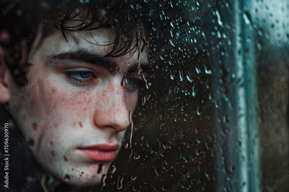 Thoughtful Young Man Contemplates, Absorbed By The Rain On His Window