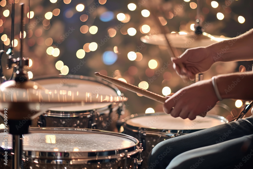 Naklejka premium Person Passionately Playing The Drums, Their Hands In Focus, Surrounded By Captivating Bokeh Lights In Band Studio