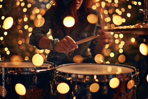 Capturing The Bokeh Light Around A Female Drummer Playing Passionately In The Studio, Hands In Focus