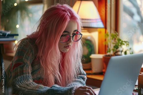 Pinkhaired Hipster Student Immersed In Online Learning At Home photo