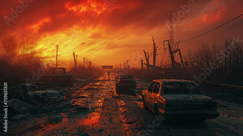 A desolate highway with wrecked cars and a red smoky sky.
