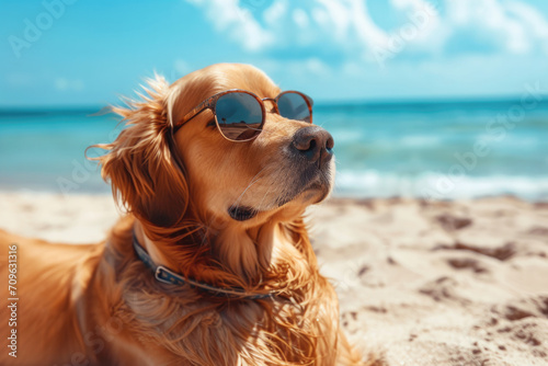 Stylish Dog Chilling On Sunny Beach, Embracing The Summer Vibes