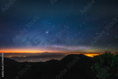 Milky way over locating on mountain view between the hiking route to Chiang Dao Wildlife Sanctuary. Chiang Mai province in Thailand.
