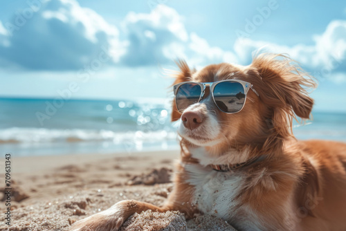 Fashionable Canine Relaxing On A Sunny Beach, Embracing The Vibrant Summer Atmosphere