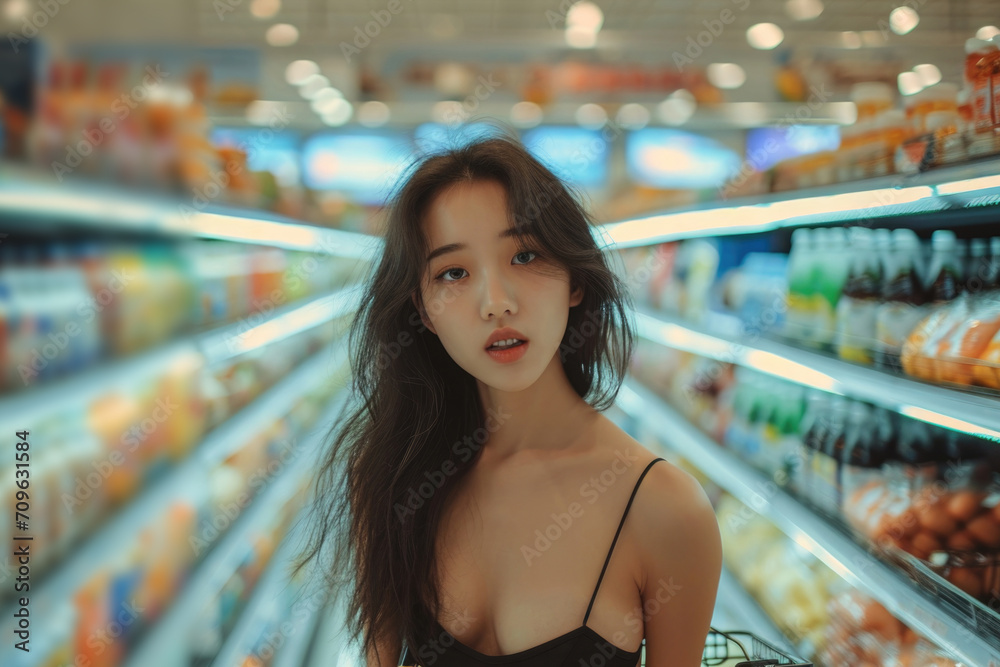 Radiant Asian Woman Embarks On A Shopping Adventure In The Supermarket
