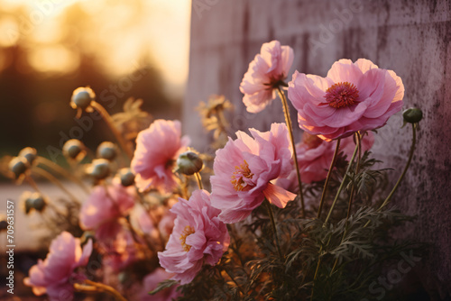 Purple flowers in the meadow in the evening, in the style of lo-fi aesthetics, light pink and bronze, wimmelbilder, rounded, flowerpunk, close up, photo taken with provia

 photo