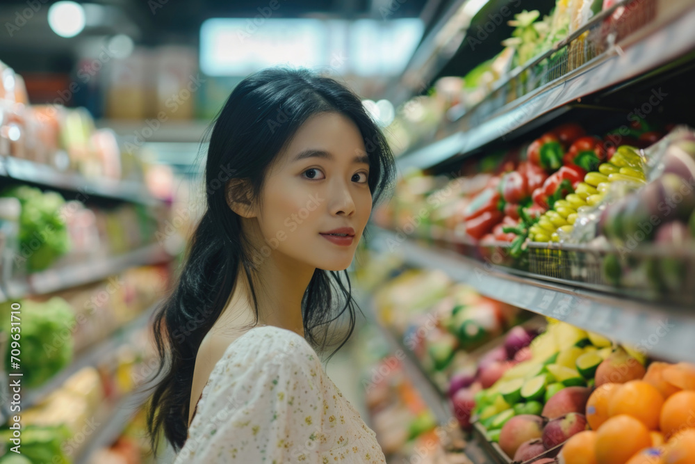 Stunning Asian Woman Gracefully Navigates The Supermarket, Filling Her Cart With Groceries