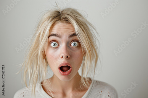 Astonished Expression On Blonde Woman's Face, With Wide Eyes And Open Mouth