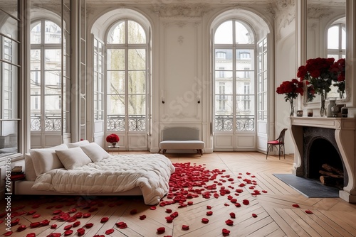 Cozy posh luxurious interior design of bedroom with kingsize bed decorated with red rose petals, wooden classic parquet floor, tall ceiling, french windows, fireplace, white panel walls, parisian look photo