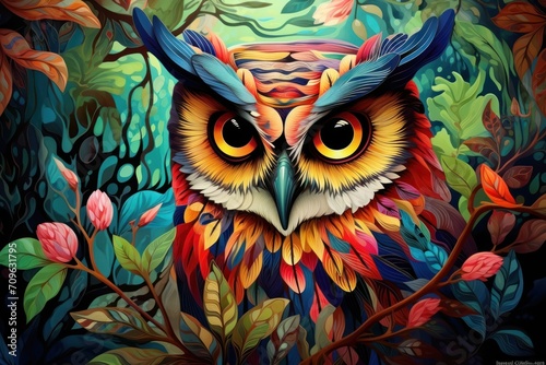  a painting of a colorful owl sitting on a tree branch with leaves and flowers around it  with a blue sky in the background.