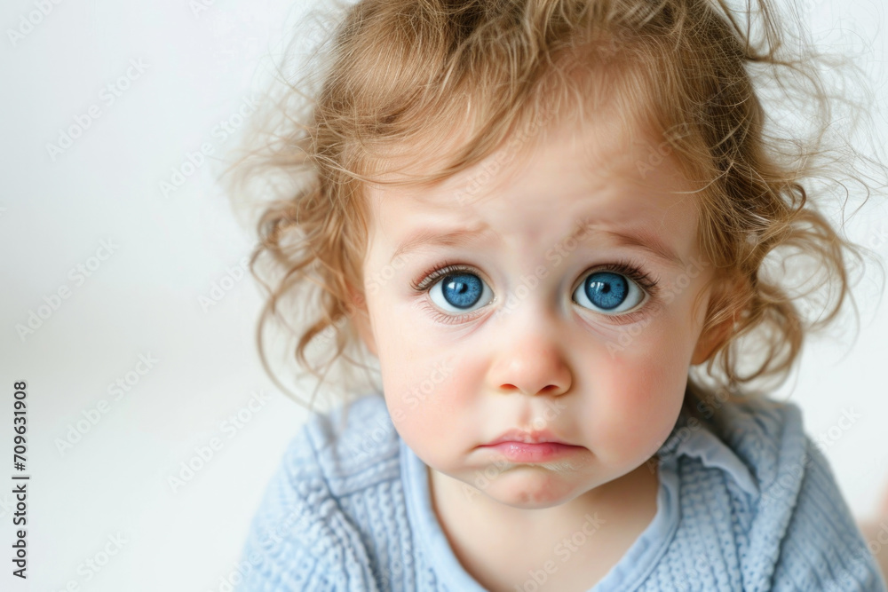 Capturing The Distressed Expression Of A Baby Girl In Close-Up, Set Against A White Background