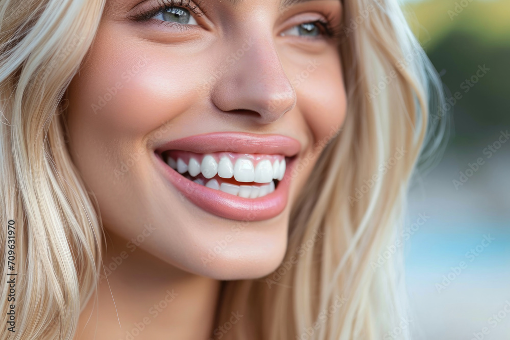 Closeup Of Smiling Blonde Woman With Pristine Teeth, Ideal For Dental Ad, Against City Nature Backdrop