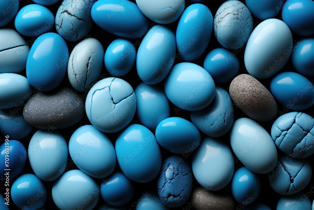  a close up of a bunch of rocks with blue and brown rocks in the middle of the image on a black background.