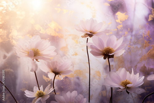 Purple flowers and white flowers in the background, in the style of soft, dreamy landscapes, golden light, wimmelbilder, flowerpunk, wide lens, unprimed canvas, light black and pink

 photo