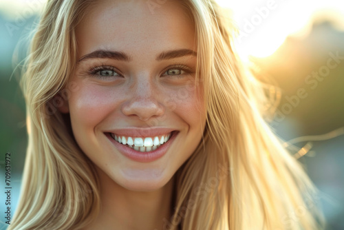 Gorgeous City Nature Backdrop Frames Closeup Shot Of Smiling Woman With Pristine Teeth, Perfect For Dental Ad © Anastasiia