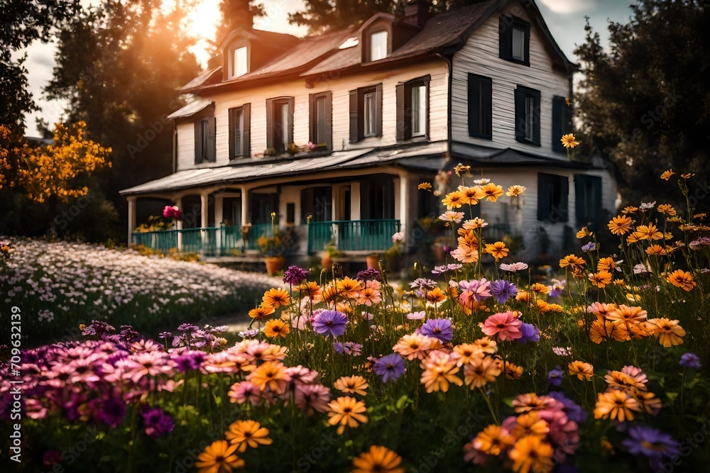 house in the park, Some beautiful flowers with a house on the background