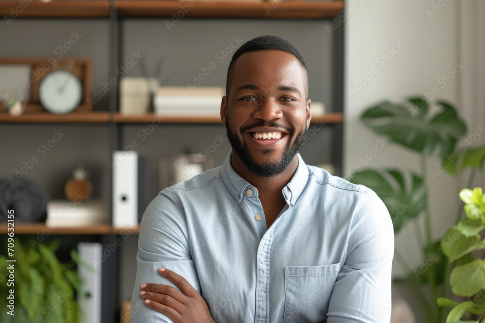 Obraz premium Confident African American Man In Home Office Background Radiates Joy In Headshot