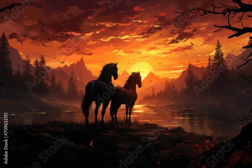  a couple of horses standing next to each other on a field near a body of water with a sunset in the background.