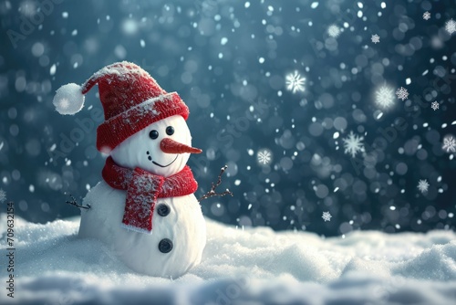 A snowman wearing a red hat and scarf. Perfect for winter-themed designs and holiday decorations © Fotograf