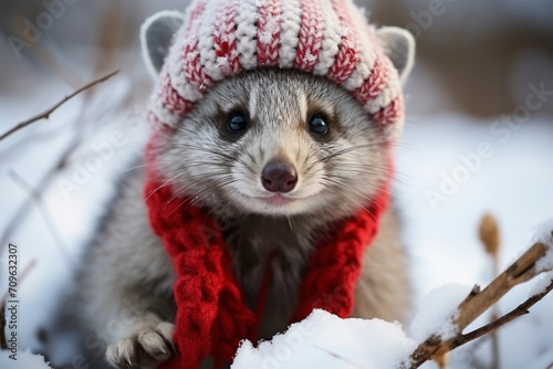 a civet wearing thick clothes in the snow photo