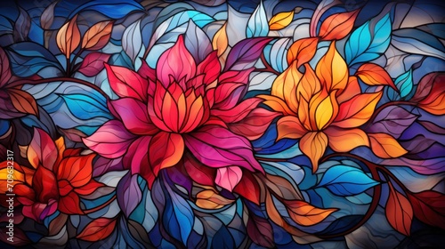  a painting of a bunch of colorful flowers on a blue background with leaves on the bottom of the image and the bottom half of the image of the flowers on the bottom half of the image.