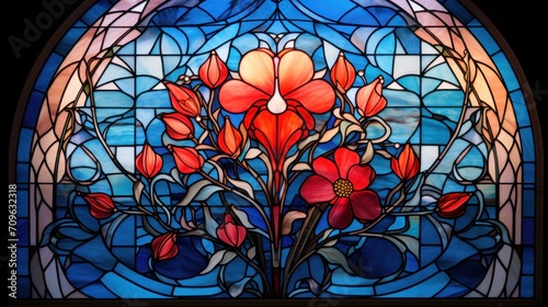  a close up of a stained glass window with a flower in the center of the window and blue sky in the background.