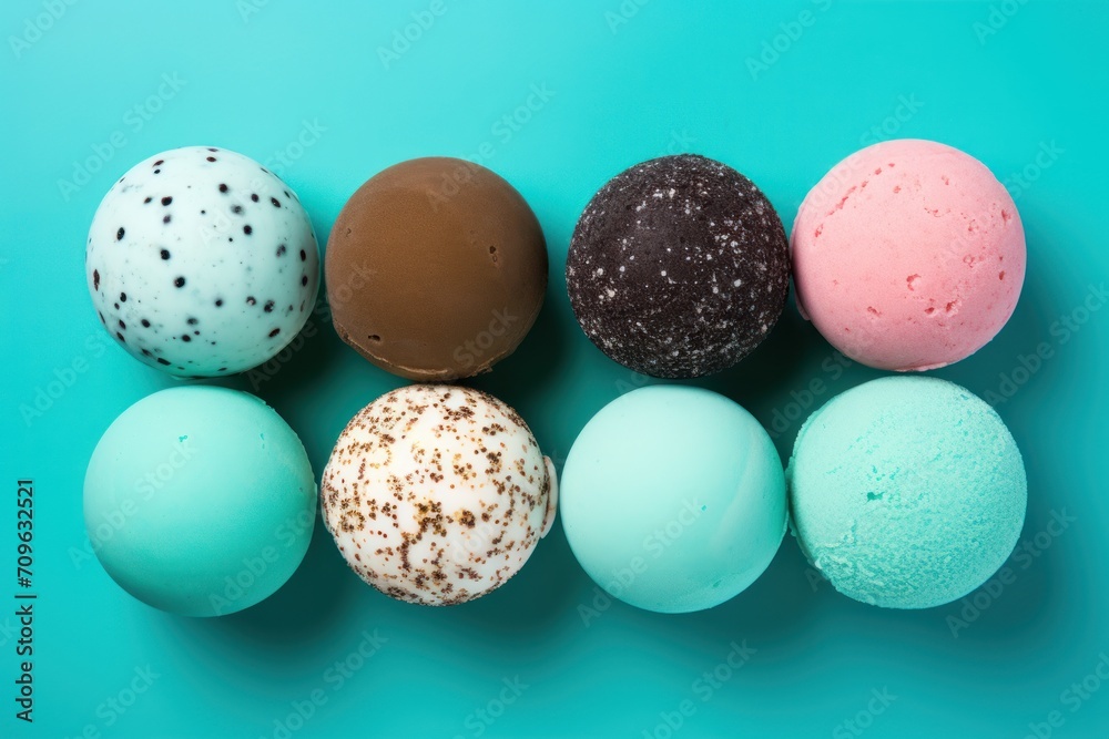  six different types of bath bombs lined up in a row on a blue background with speckles on them.