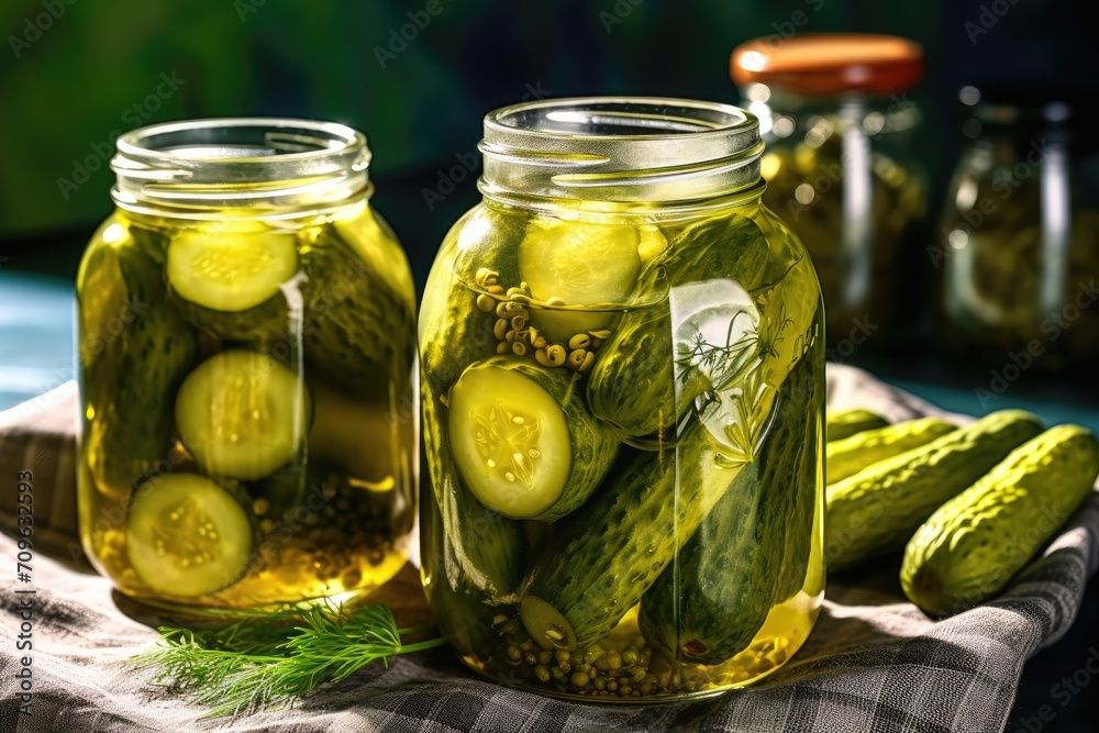Glass jars with pickled cucumbers. Marinated pickled cucumbers. Glass jars with pickled cucumbers. Marinated pickled cucumbers.