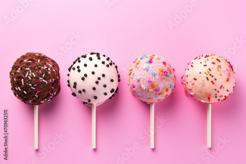  a row of cake lollipops with sprinkles on top of them on a pink background.