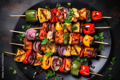 Barbecue with vegetable skewers. Healthy food background.
