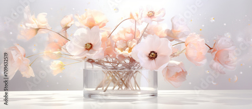 Pink and white flowers in the vase, in the style of double exposure, light orange and light gray, bokeh panorama, white background, shaped canvas, glowing lights, light crimson