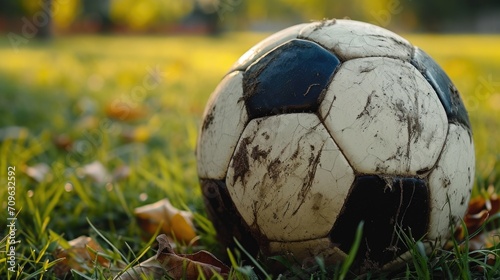A soccer ball resting on the grass, suitable for sports-related projects